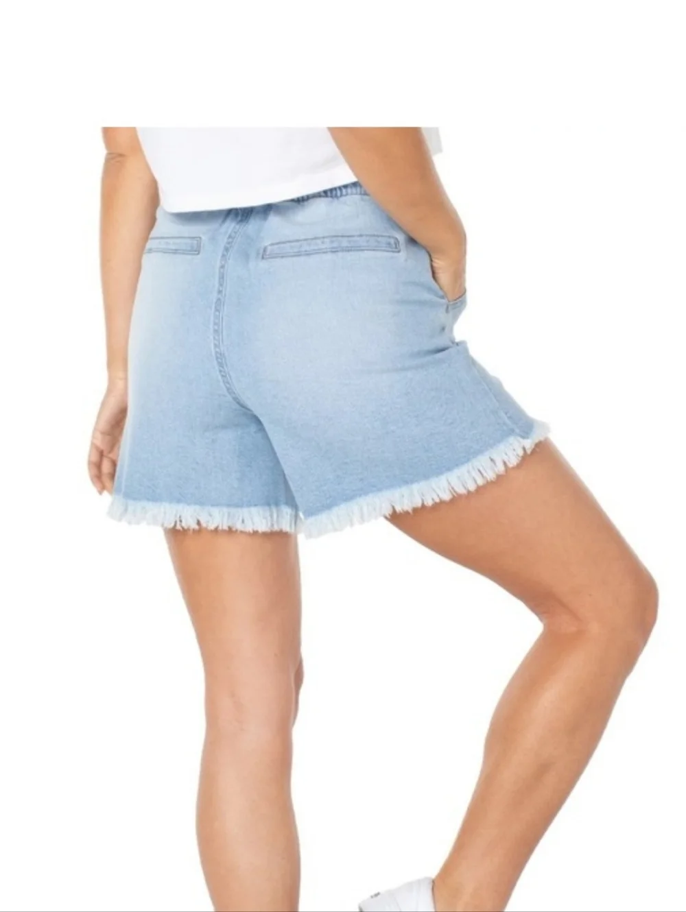 Celebrity Pink Ultra High Rise‎ Drawstring Pull On Raw Hem Blue Denim Short Sz M